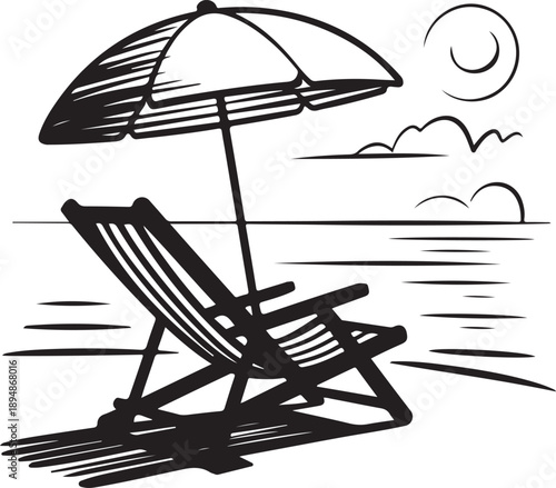 Single Line Art of a Beach Chair Facing the Ocean – Minimal Black and White Coastal Illustration