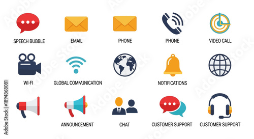Communication icons depicting speech email phone calls and global networking