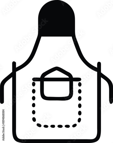 A simple black apron icon featuring a pocket and ties presented as a silhouette