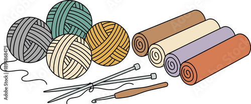 Assorted yarn balls knitting needles and crochet hook on white background with rolled fabric swatches