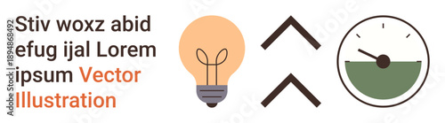 Creative processes, innovation, progress tracking, energy, efficiency, business concepts. Visual features include a light bulb, arrows and a gauge. Innovation and energy concept