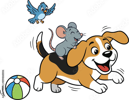Happy cartoon dog with mouse on back and bird flying near colorful ball