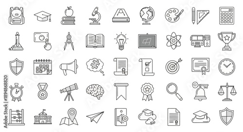 Collection of black and white line icons representing education and learning