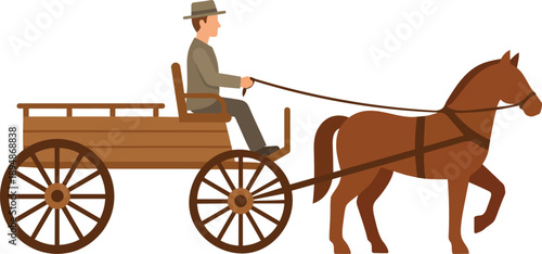 Man in hat driving horse-drawn wooden cart on white background historical transportation scene