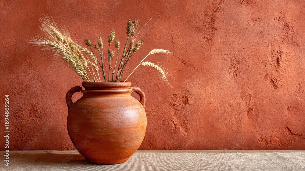 Fototapeta premium Rustic clay vase with dried wheat and wildflowers against textured terracotta wall backdrop