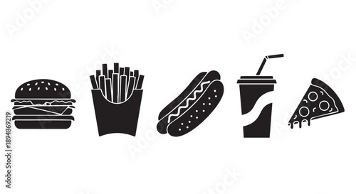 Flat vector icons of fast food items in black and white including a burger, fries, hot dog, drink, and pizza, isolated on white.