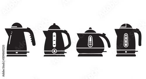 Four different electric kettles line up in a simple, minimalist black vector illustration on a white background, perfect for illustrating kitchen appliances.