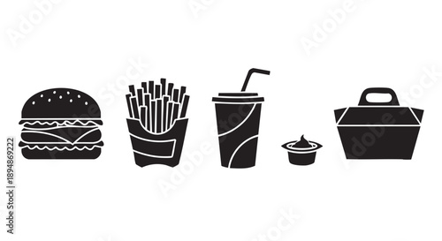 Black silhouettes of a burger, fries, drink, sauce, and takeout container are displayed on a white background, perfect for illustrating fast food concepts.
