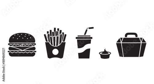 Simple black and white illustration of a fast food meal, with a burger, fries, drink, sauce, and take-out box. Vector illustration for fast food restaurant and graphics.