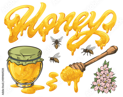 Honey drips and bees gather