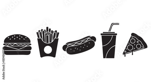 Black and white vector illustration of fast food icons including burger, fries, hot dog, soda and pizza. Isolated on white background.