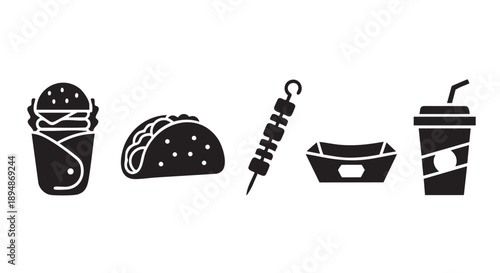 A black silhouette illustration of common fast food items like a burger, taco, kabob, container, and drink cup arranged on a white background.
