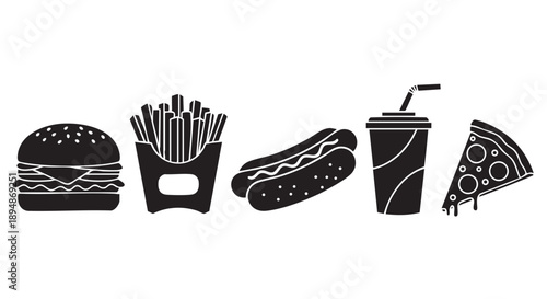 Black and white vector illustration of fast food icons including burger, fries, hotdog, drink and pizza, isolated on a clean white background.