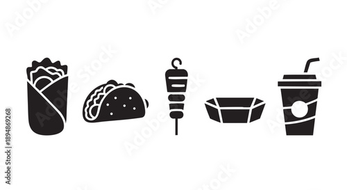 Minimalist black food icons represent a diverse fast food offering, including taco, shawarma, drink and other dishes on a white background.
