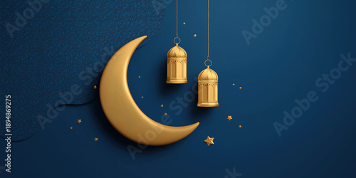 A gilded lunar form and a pair of luminaries are placed against a patterned azure backdrop.
