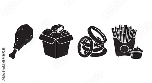 Black and white illustration of fast food items including chicken, nuggets, onion rings, and french fries. Perfect for menu design and illustrating unhealthy eating.