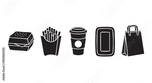 Black silhouette illustration depicting a fast food order including burger, fries, drink, container, and bag, great for menus.