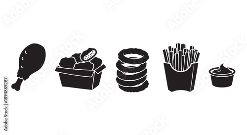 A black and white vector illustration shows a collection of fast food menu items including fried chicken, nuggets, onion rings, fries and sauce.