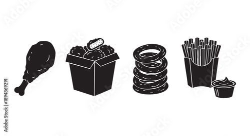 Black icons display fried chicken, nuggets, onion rings and french fries, with a clean white background, perfect for menus and digital designs.