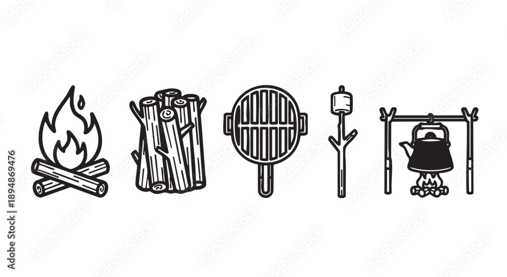 Naklejka premium Monochrome line art depicts campfire, firewood, grill, marshmallow, and kettle for camping and cooking related themes in minimalist style.