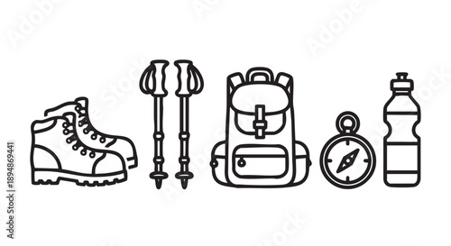 A vector outline illustration of essential hiking gear including boots, backpack, hiking sticks, compass, and water bottle on a white background.