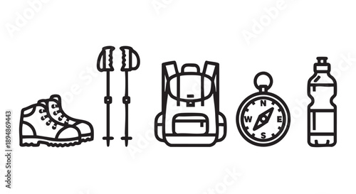 Illustrated hiking gear including boots, poles, backpack, compass, and water bottle arranged for outdoor adventure graphic design, emphasizing minimal style and preparedness.