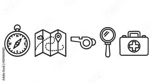 Vector illustration featuring outline icons of a compass, map, whistle, magnifying glass and first aid kit, perfect for adventure, safety, and emergency designs.
