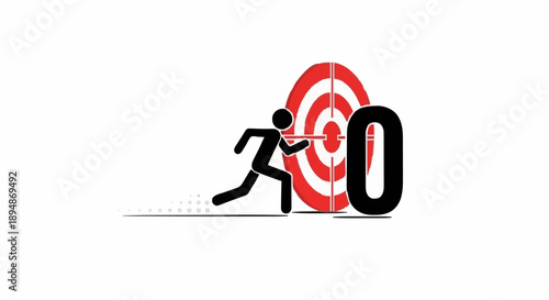 Stick figure running towards target with zero symbol.