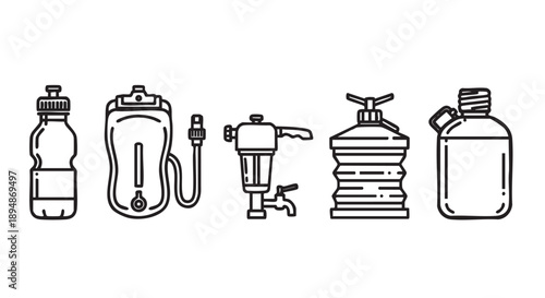 Illustration showcases a collection of different water containers in a clean, outline style on white, suitable for graphic design, icons, or conceptual material.