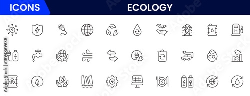Ecology icon set. Environment, sustainability, nature, recycle, renewable energy, electric bike, eco-friendly, forest, wind power, green symbol vector collection.