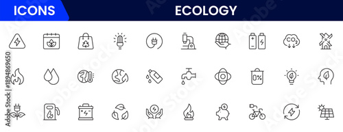 Ecology icon set. Environment, sustainability, nature, recycle, renewable energy, electric bike, eco-friendly, forest, wind power, green symbol vector collection.