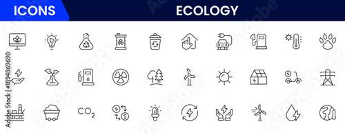 Ecology icon set. Environment, sustainability, nature, recycle, renewable energy, electric bike, eco-friendly, forest, wind power, green symbol vector collection.