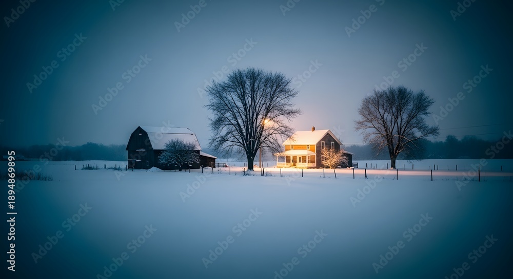 Obraz premium Snow-covered rural farmhouse and barn illuminated at dusk