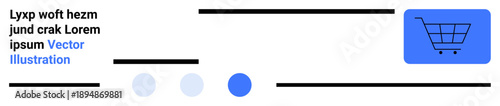 Blue shopping cart icon with text, horizontal lines, and circular elements in a clean layout. Ideal for e-commerce, shopping, marketing, sales, online stores, product design simple landing page