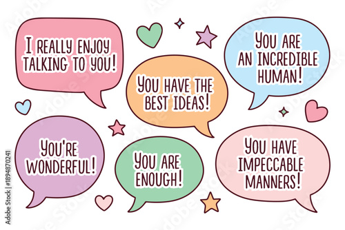 A collection of six vibrant speech bubbles containing kind words and compliments. Perfect for celebrating World Compliment Day on March first to spread kindness and positive vibes.