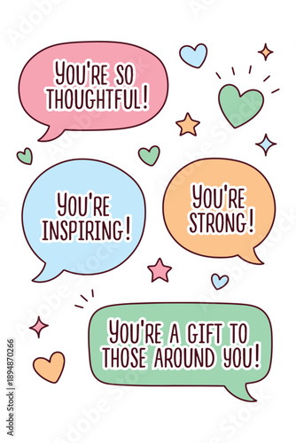 Vertical design featuring four vibrant speech bubbles with compliments. Decorated with stars and hearts to celebrate kindness and appreciation for World Compliment Day on March first.