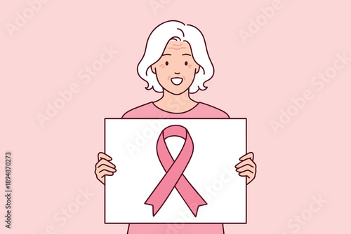Strong senior woman holds a white poster featuring the pink ribbon symbol. Concept of oncology support, medical prevention, and survival during Breast Cancer Awareness month in October.