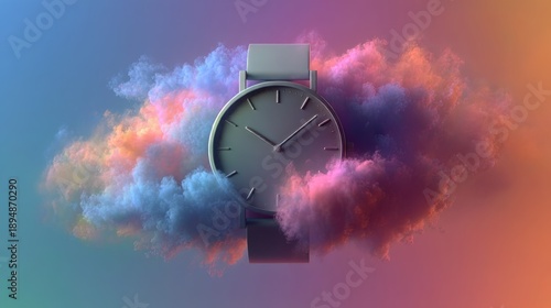 Wallpaper Mural Colorful clouds surround a modern watch in a surreal display of time and nature's beauty Torontodigital.ca