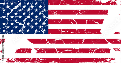 Vintage United States national flag illustration featuring a grunge weathered effect. Patriotic symbol with peeling paint texture isolated on a transparent background. Correct proportions.