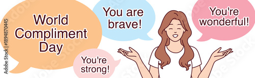 A wide horizontal header featuring a happy woman sharing compliments. Ideal for website or social media covers to celebrate World Compliment Day and promote kindness on March first.