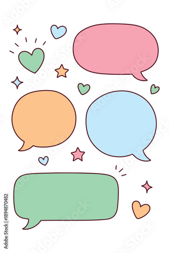 Vertical design with four empty, colorful speech bubbles. Perfect for adding custom text in mobile apps, social media stories, or comic book layouts featuring hearts and stars.