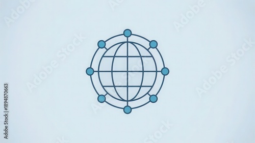Outline drawing of a communication globe encircled by orbiting data points floating against a very light blue gradient background suggests global outreach.