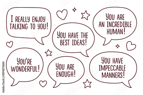 Educational coloring page featuring six speech bubbles with positive compliments. A great activity for children and adults to learn about kindness and appreciation for World Compliment Day.