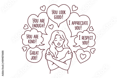 Coloring page showing a woman hugging herself surrounded by compliment speech bubbles. Promotes self-care, kindness, and mental wellness through a creative and artistic activity.