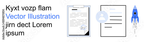 Business processes, workflow management, innovation, identity verification, career growth, paperwork. A document with a signature, a user profile icon and a rocket. Business processes and workflow