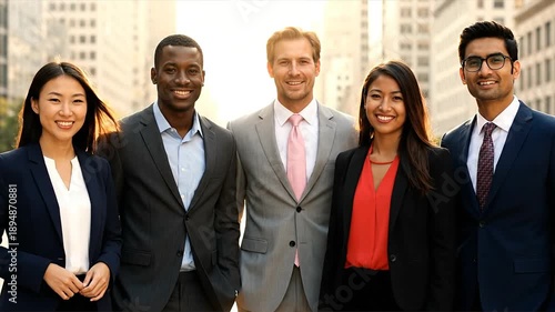 Diverse group of business professionals in formal attire outdoors at daytime
