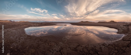 Panel kuchenny z motywem Wide-angle shot of a reflective mud pool encircled by arid, cracked ground with distant hills, capturing the raw beauty of a mud volcano scene