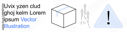 Logistics, warnings, shipping, business growth, alert symbols, packaging. A box with tape, upward arrows and a warning icon with exclamation. Logistics and warnings symbolism