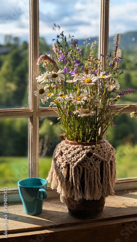 Foto A vase with a bouquet of wildflowers and daisies on a windowsill