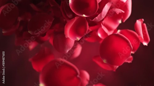 A dramatic image of falling, velvety red rose petals on a deep, dark background